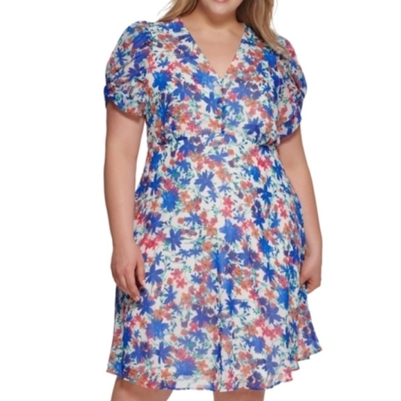 Calvin Klein Puff- sleeve Atlantis Floral Dress Size 16W - Picture 1 of 11